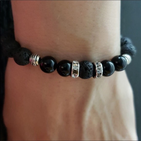 HANDMADE 6" Black obsidian lava stone bracelet. - Picture 3 of 3